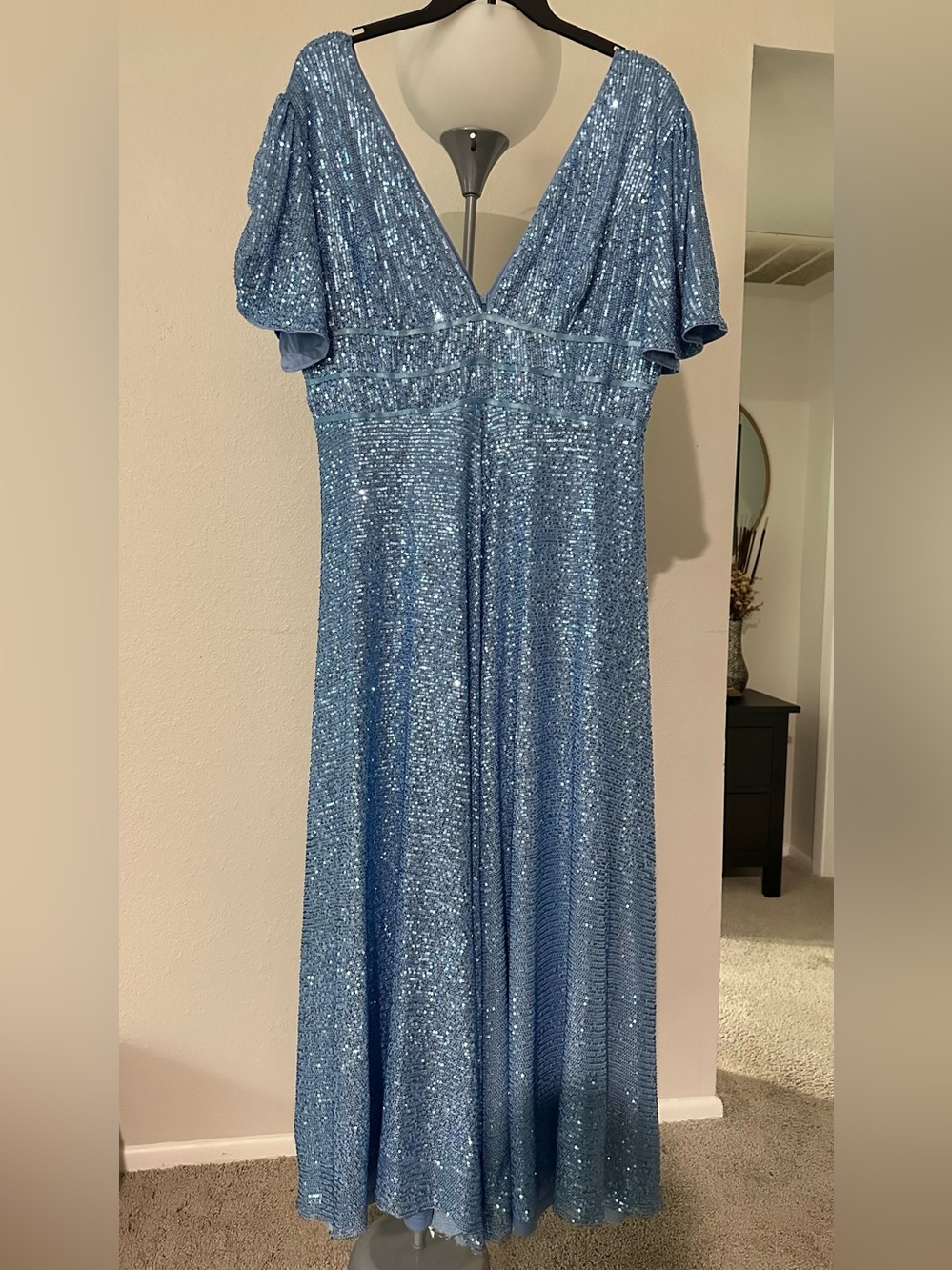 Faeriesty Blue Sequin Flutter Sleeve Formal Maxi Dress Plus Size 3XL